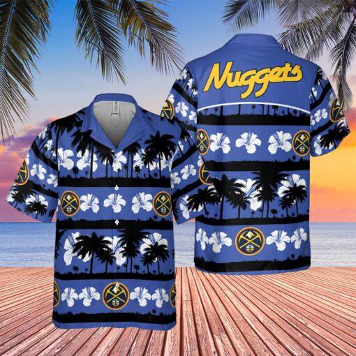 Denver Nuggets White Hibiscus Flower On Blue Background Print Hawaiian Shirt