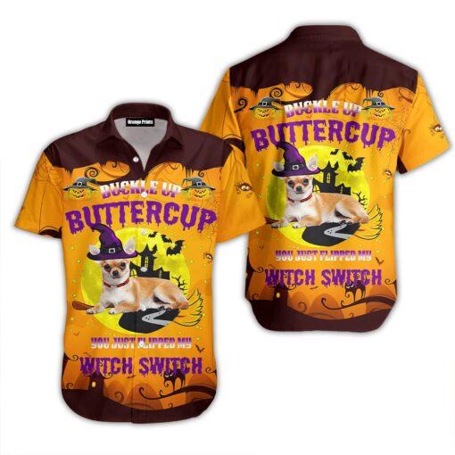 Dog Witch Halloween Buckle Up Butter Cup Aloha Beach Summer Short Sleeve Hawaiian Shirts Men