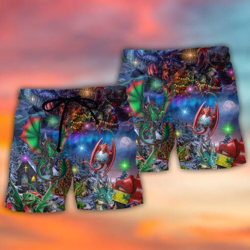 Dragon Christmas Light Art Style Trendy Aloha Hawaiian Beach Shorts