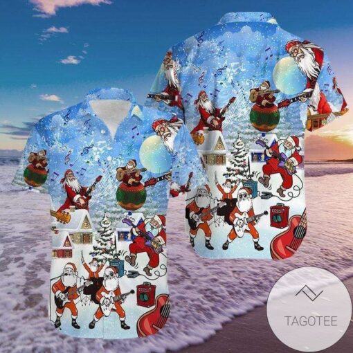 Festive Santa Claus Showcasing Guitar Skills Hawaiian Shirt Design