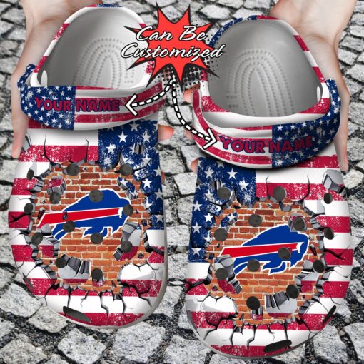 Football Crocs Personalized BBills American Flag Breaking Wall Clog Shoes