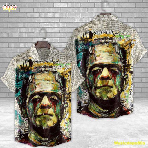 Frankenstein Art Painting Newspaper Horror Movie Halloween All Over Print 3D Hawaiian Shirt