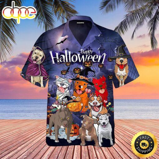 Funny Pitbull Dog Halloween Dog Aloha Beach Summer Short Sleeve Hawaiian Shirt