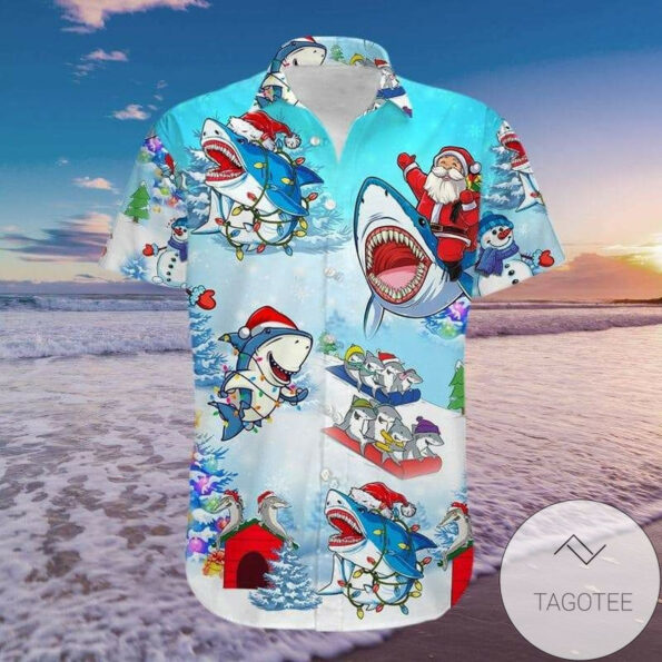 Funny Shark And Santa Claus Merry Christmas Hawaiian Shirts