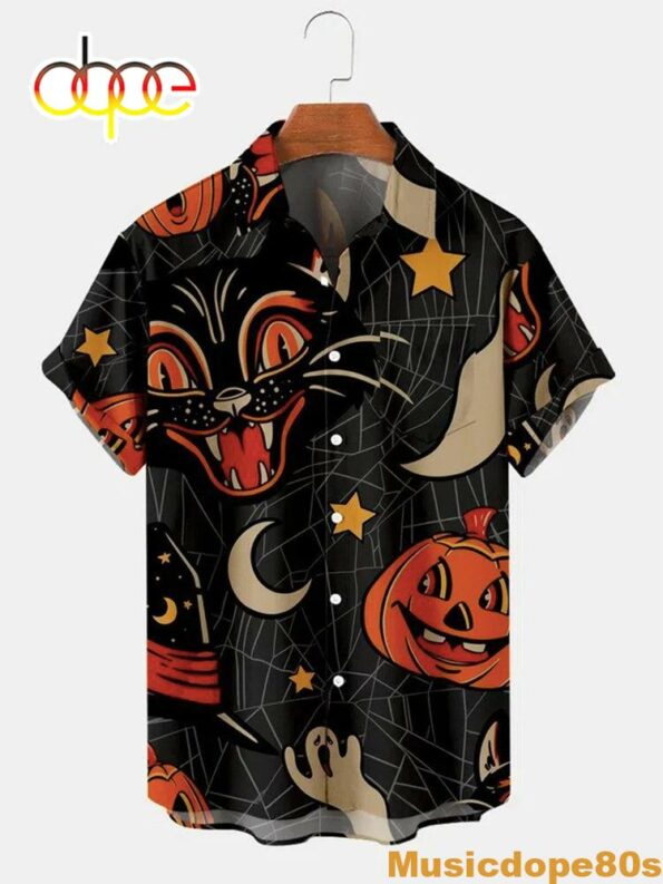 Halloween Pumpkin Cat Print Shirt