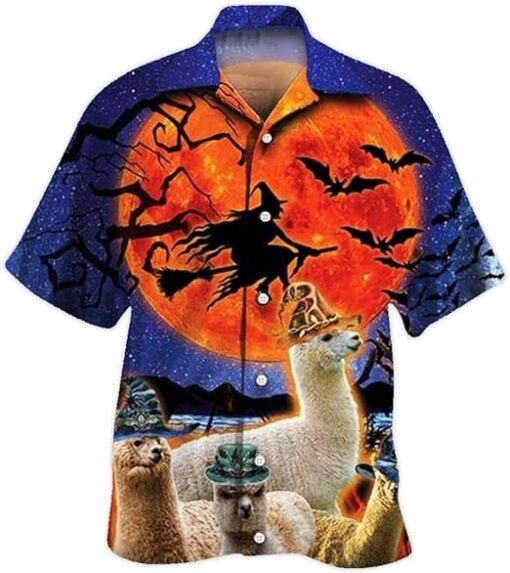 Halloween Witches Hawaiian Shirt Fire Moon Casual Button Down