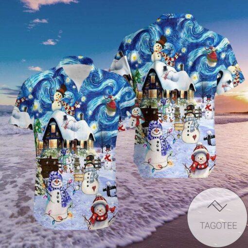 Hawaiian Shirt Design Snowman Celebrating Christmas Night Elegance