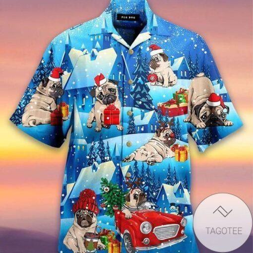 HigQuality So Cute Santa Pug Snowy Blue Hawaiian Shirts