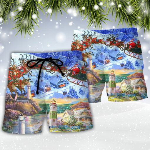 Lighthouse Christmas Santa Be A Lighthouse Trendy Aloha Hawaiian Beach Shorts