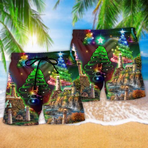 Lighthouse Merry Christmas Happy Trendy Aloha Hawaiian Beach Shorts