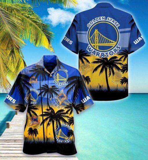 NBA Golden State Warriors Blue Yellow Palm Trees Hawaiian Shirt
