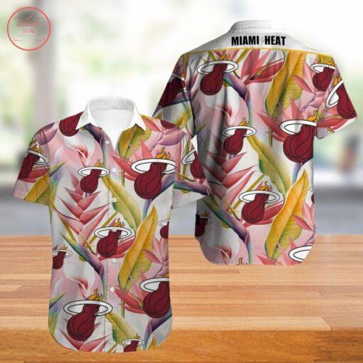 NBA Miami Heat Pink Yellow Tropical Flowers Hawaiian Shirt