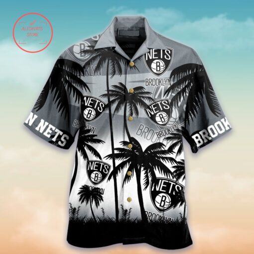 Nba Brooklyn Nets Black Gray Palm Trees Trendy Hawaiian Shirt Aloha Shirt