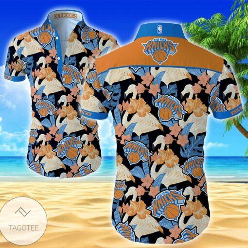 Nba New York Knicks Orange Blue Hibiscus Tropical Flowers Trendy Hawaiian Shirt Aloha Shirt