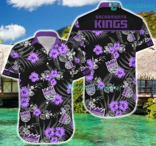 Nba Sacramento Kings Purple Black Tropical Flowers Trendy Hawaiian Shirt Aloha Shirt