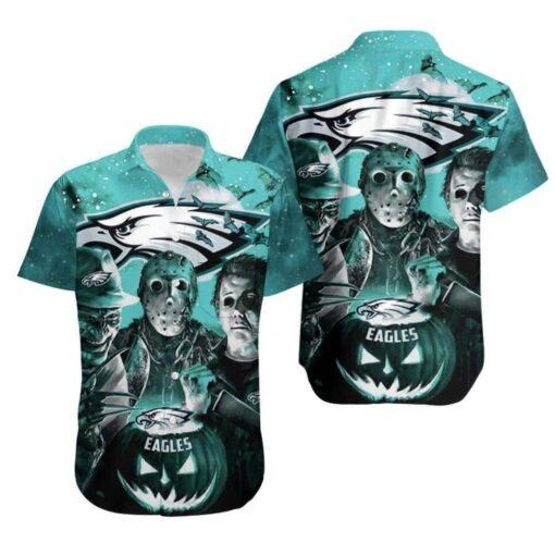 Pumpkin Freddy Jason Michael Myers Loves Philadelphia Eagles Hawaiian Shirt, NFL Hawaiian Shirt