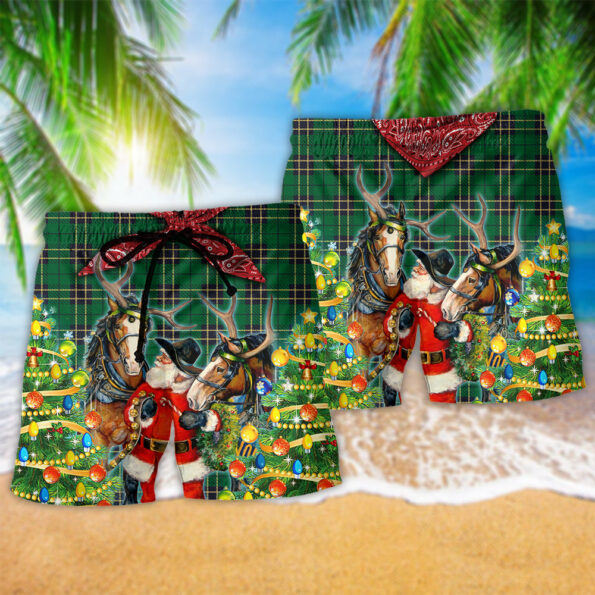 Santa Cowboy Merry Christmas Green Style Trendy Aloha Hawaiian Beach Shorts_2