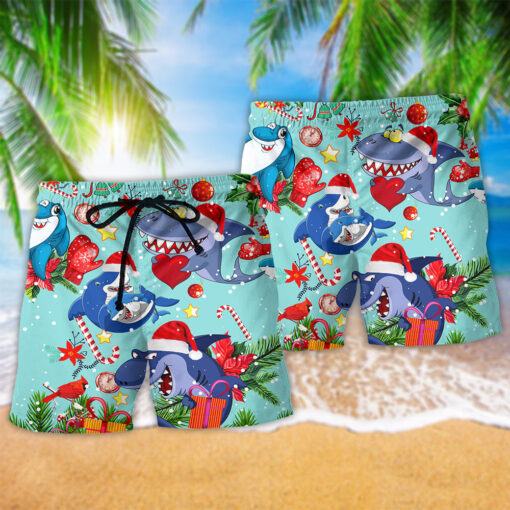 Shark Love Christmas In The Ocean Trendy Aloha Hawaiian Beach Shorts