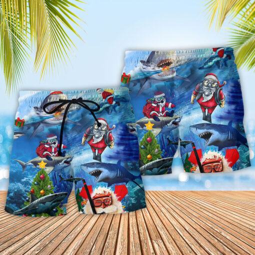 Shark Love Santa America Merry Christmas Trendy Aloha Hawaiian Beach Shorts_2