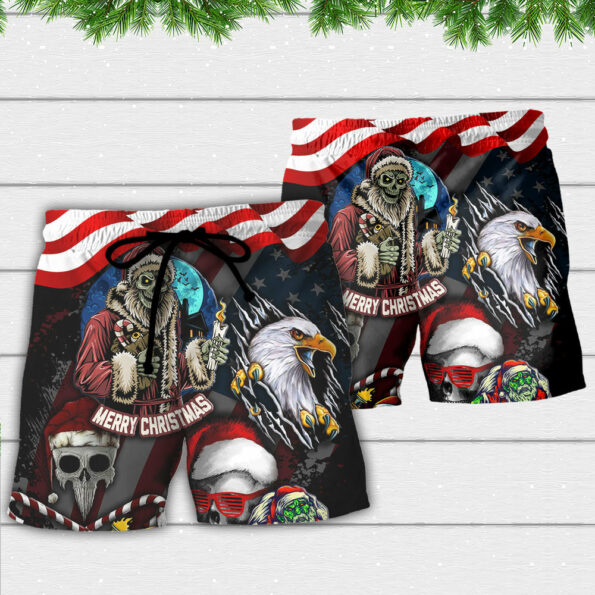 Skull Christmas Us Flag Skeleton And Eagle Xmas Vibe Trendy Aloha Hawaiian Beach Shorts_2