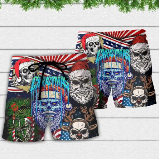 Skull Christmas Us Flag Skeleton Horror Merry Christmas Trendy Aloha Hawaiian Beach Shorts_2