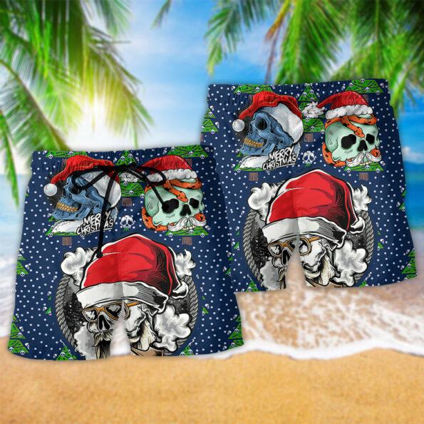 Skull With Santa Hat Merry Christmas Tree Trendy Aloha Hawaiian Beach Shorts