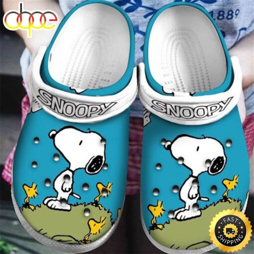 Snoopy Flower &amp Grass Pattern Crocs Classic Clogs Shoes In Blue &amp White