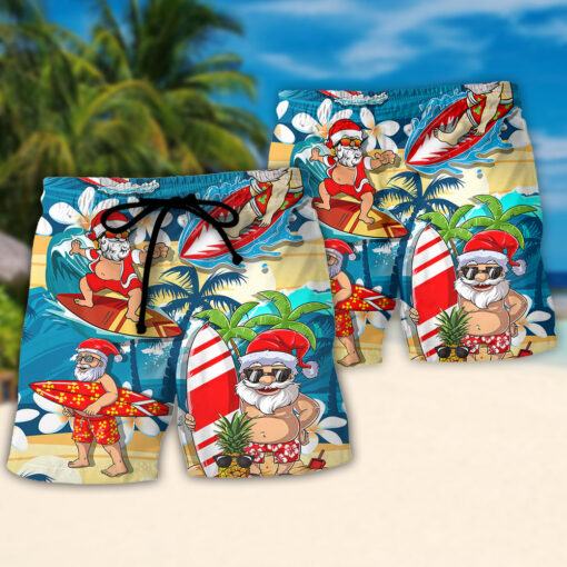 Surfing Funny Santa Mele Kalikimaka Christmas In July Surfing Lovers Trendy Aloha Hawaiian Beach Shorts_2