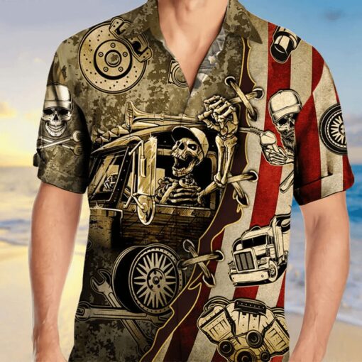 American Skull Trucker Unisex Trendy Hawaiian Shirt, Perfect Skull Aloha Shirt, Skull Clothing, Skull Hawaii Shirt Men