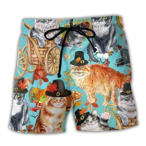 Cat Happy Thanksgiving Autumn Trendy Aloha Hawaiian shirt, Beach Shorts