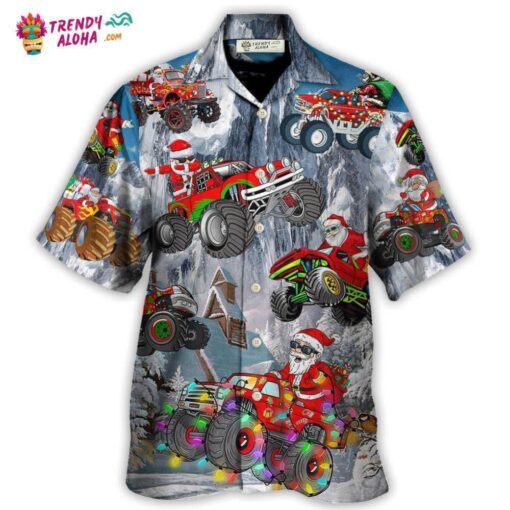 Christmas Santa Claus Riding Red Truck Snow Mountain Art Style Hawaiian Shirt – Trendy Aloha