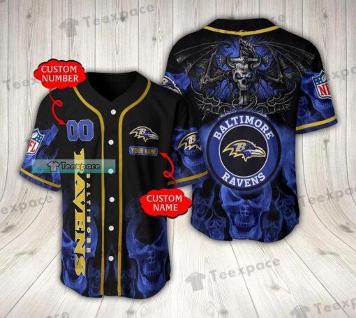 Custom name Baltimore Ravens Blue Fire Skull Hell Dragon Baseball Jersey