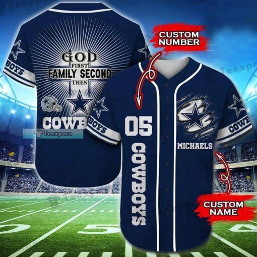 Custom Dallas Cowboys God First Family Second Then Cowboys Baseball Jersey