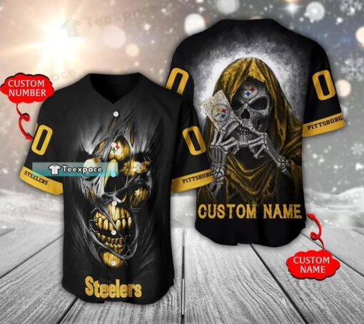 Custom Name Number Steelers Death Holding The Card Baseball Jersey