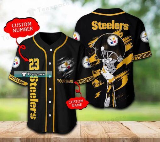 Custom Name Number Steelers Helmet Black Baseball Jersey
