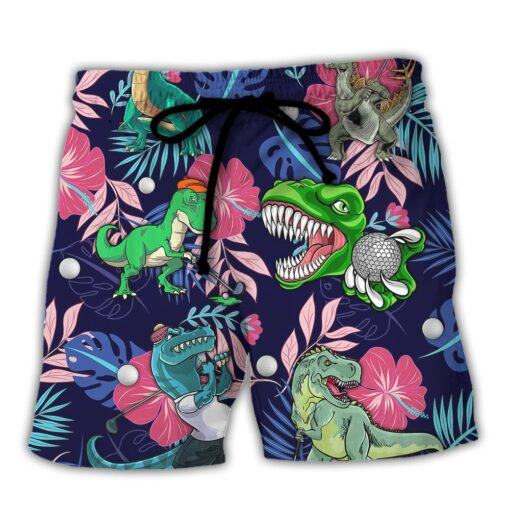 Golf Funny Dinosaur Playing Golf Back Nines Matter Tropical Golf Lover Trendy Aloha Hawaiian Beach Shorts