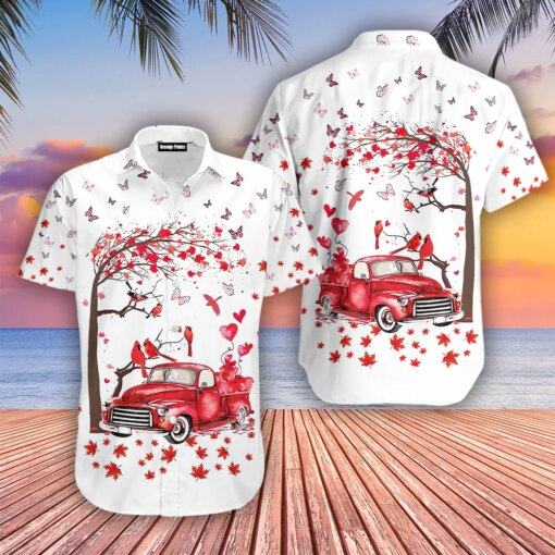 Hawaiian Shirt with Red Truck Resting Under Tree Print