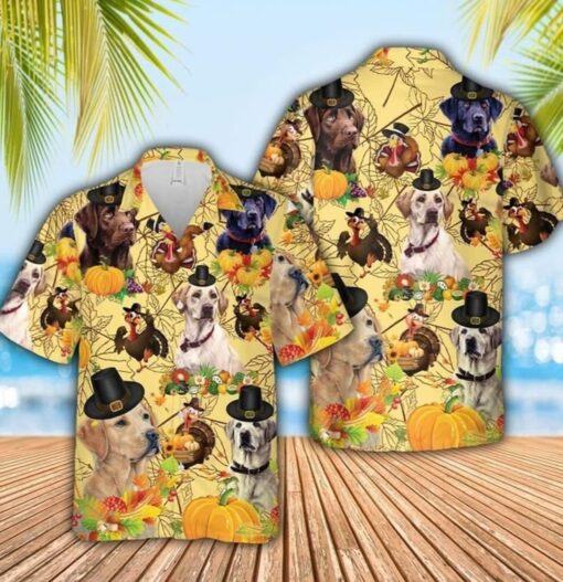 Labrador Retriever Dog Thanksgiving With Labrador Retriever Trendy Aloha Hawaiian shirt, Beach Shorts