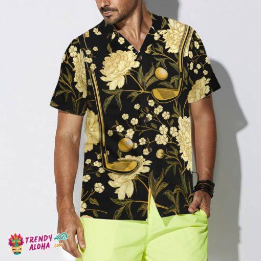 Luxury Black And Gold Floral Golf Club And Ball Hawaiian Shirt