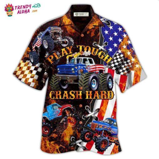 Monster Truck Fire Monster Truck Play Tough Crash Hard Hawaiian Shirt – Trendy Aloha