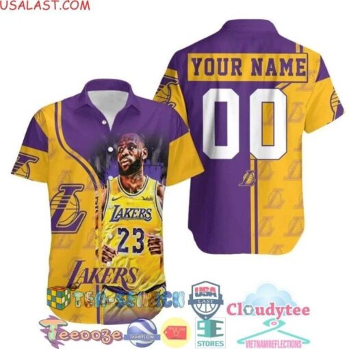NBA Los Angeles Lakers Custom Name Number Golden Purple Lebron James 23 Hawaiian Shirt V3 Aloha Shirt