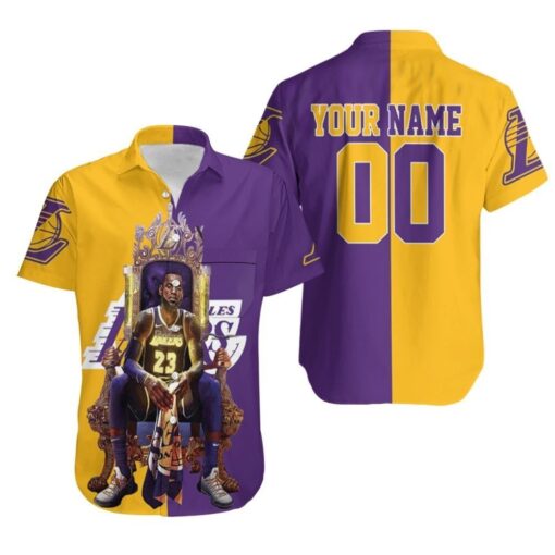 NBA Los Angeles Lakers Custom Name Number Golden Purple Lebron James 23 Hawaiian Shirt V4 Aloha Shirt