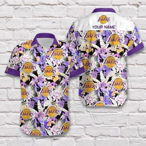 NBA Los Angeles Lakers Custom Name Purple White Tropical Flowers Hawaiian Shirt