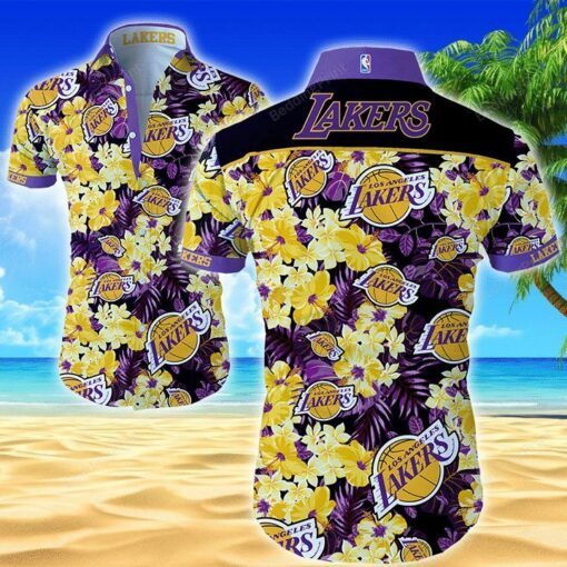 NBA Los Angeles Lakers Golden Flowers Purple Leaves Hawaiian Shirt