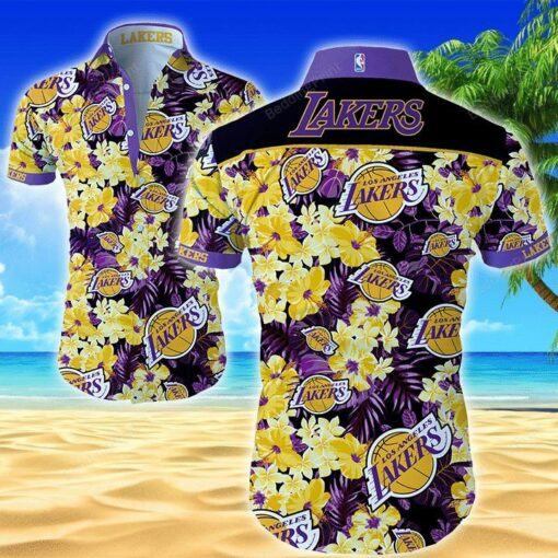 Nba Los Angeles Lakers Golden Flowers Purple Leaves Trendy Hawaiian Shirt Aloha Shirt