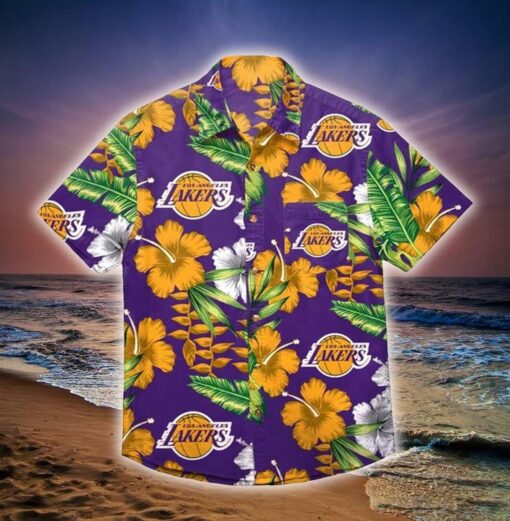 Nba Los Angeles Lakers Golden Hibiscus Green Leaves Trendy Hawaiian Shirt Aloha Shirt