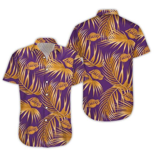 Nba Los Angeles Lakers Golden Leaf Palm Purple Trendy Hawaiian Shirt Aloha Shirt