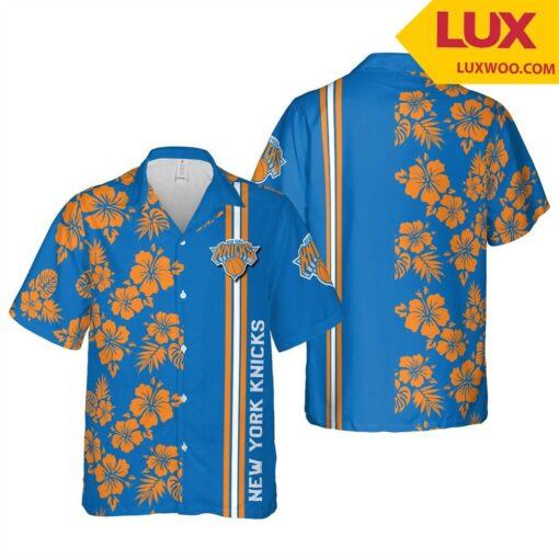 Nba New York Knicks Orange Blue Hibiscus Tropical Flowers Trendy Hawaiian Shirt V2 Aloha Shirt