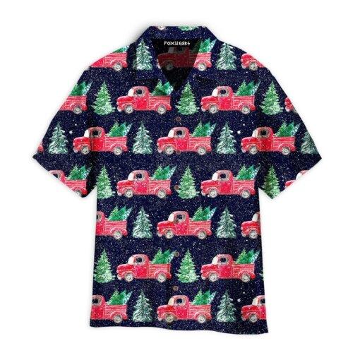 Red Christmas Truck Holding Christmas Trees Aloha Hawaiian Shirts