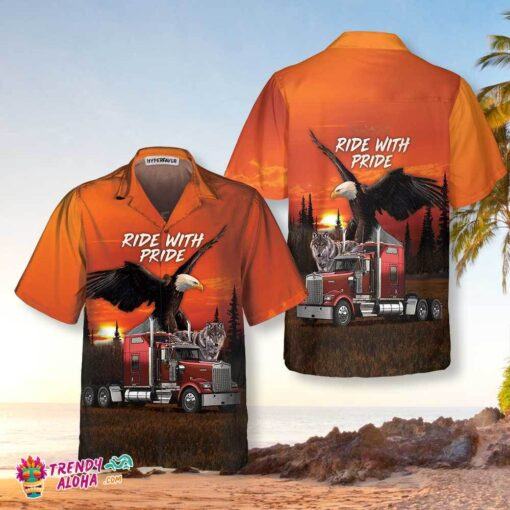 Ride With Pride Trucker Hawaiian Shirt, Eagle And Wolf Trucker Shirt, Best Gift For Trucker Riders